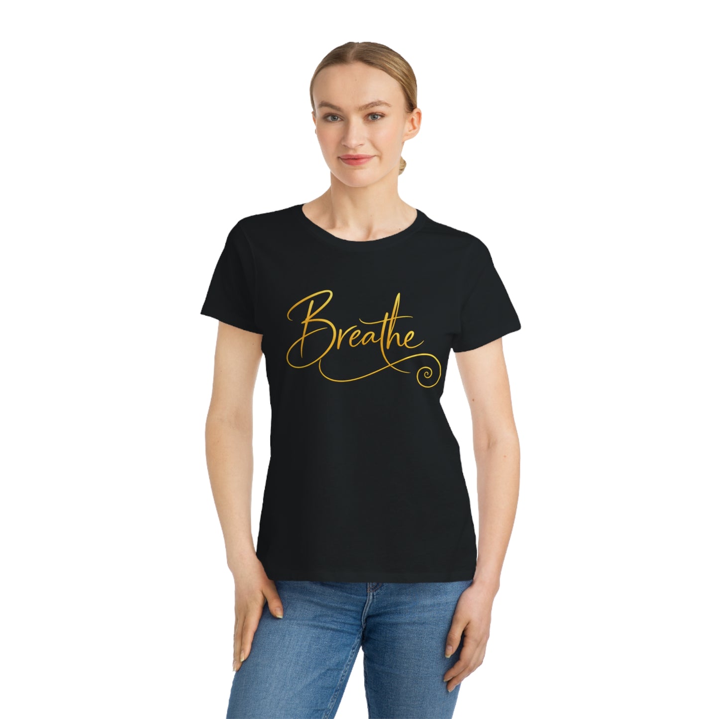 Breathe - Organic Cotton Women’s Tee | Minimalist Gold Script - Designed by Sha’Raya™